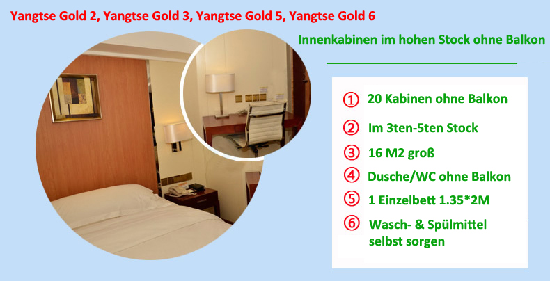 Yangtse Gold 2, Yangtse Gold 3,Yangtse Gold 5,Yangtse Gold 6, Innenkabin ohne Balkon